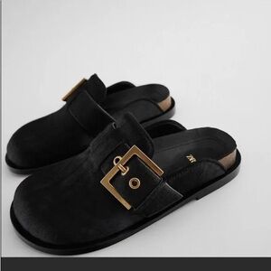 Zara Black Mule Clogs with Gold Buckle